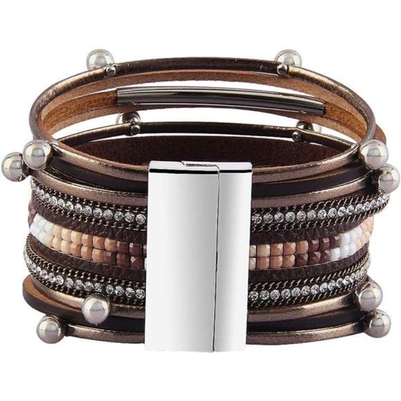 Leather Wrap Bracelet Boho Cuff Bracelets Crystal Bracelet Magnetic Multi Strand - Picture 5 of 6